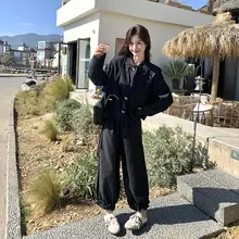 洗練されたデザイン！ブラックカジュアルパンツ＆トップス【春秋用・ユニークな学院風・美しい煌めき】（セットアップ対応）