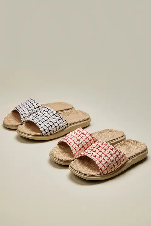 リネン製 レディース スリッパ【夏用・室内・厚底・フラットデザイン】