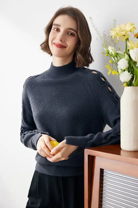 科蒙博カ 半高領オフショルダー デザインニットセーター【女性用・ウール混・秋冬用】