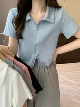 ダブルジップポロ衿ピンク短袖Tシャツ【デザイン性・ cropped・カーディガンスタイル】