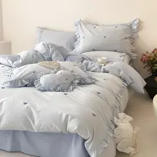 ハート柄レース付きベッドカバー【全棉・水洗いコットン・春夏用】（セットアップ対応）