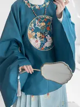 刺繍入りラウンドネック琵琶袖の女性用漢服【春夏用・花槿デザイン】（セットアップ対応）