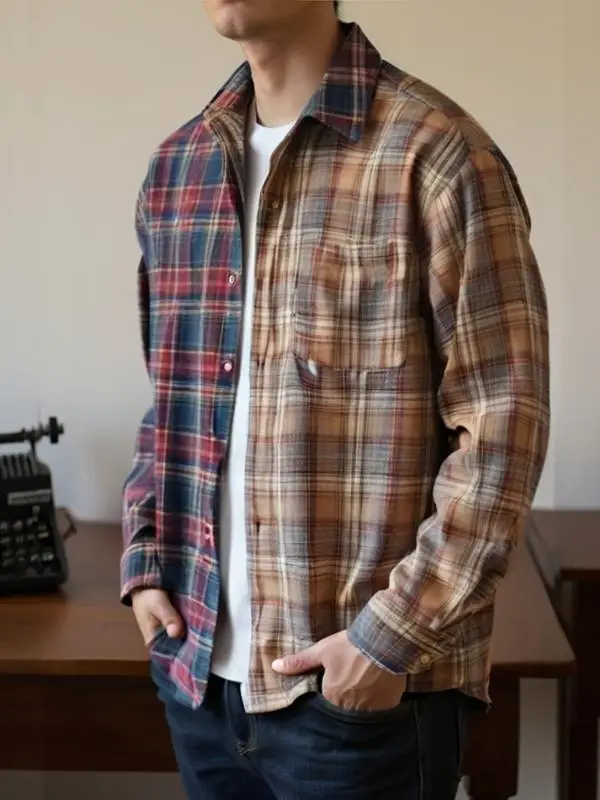 レトロカジュアルチェック柄シャツ：メンズ向けの日系復古スタイルを実現