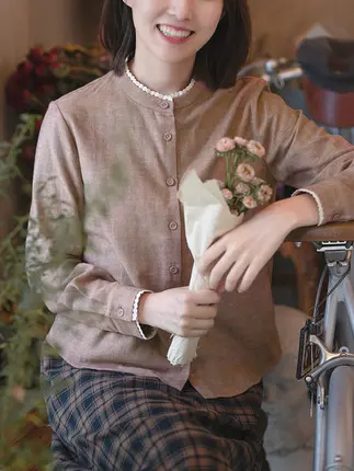 レトロな落ち着きのあるデザイン！長袖ストレートシャツ【文艺スタイル】