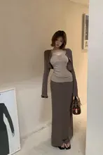 魅力的な女性のコーディネート【長袖カーディガン・キャミソール・ハイウエストスカート・ロングスカート】（セットアップ対応）