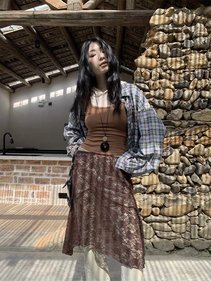 高腰レース透かしAラインスカート【春秋用・中長丈・女性向け】