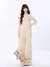 春夏向けフラワープリント背負いパンツ【ストレート・ルーズフィット・小柄対応】（セットアップ対応）