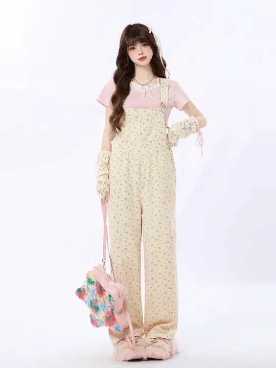 春夏向けフラワープリント背負いパンツ【ストレート・ルーズフィット・小柄対応】（セットアップ対応）