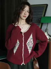 手編みフラワーレースデザインのニットカーディガン【ゆったりフィット・秋冬用】