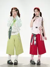 ヴィンテージ風ドット柄ワイドレッグ七分パンツ【Y2Kスタイル・女性用・スイート＆クール】（セットアップ対応）