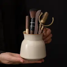 米色の汝窯茶道筒 六君子功夫茶具【陶器製・茶夹・茶さじ・茶針付き】