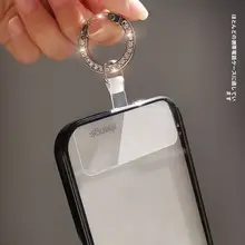 透明固定クリップ付きスマホストラップ【男女兼用・背面カード貼り付け・水晶装飾・金属フック】
