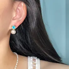 淡水パールのイヤリング【復古風・海洋ブルーのジルコン・エレガントデザイン】