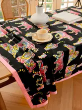 環境に優しいベルベット風プリントテーブルクロス【ブラック・カラフルなトラデザイン・高級感】
