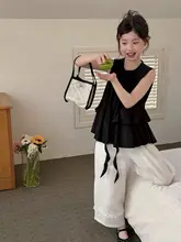 女の子用夏用トップスとワイドパンツ【薄手・黒・おしゃれ・フレンチスタイル】（セットアップ対応）