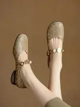 春秋用マリー・ジェーンシューズ【水晶装飾・ラウンドトゥ・中ヒール・グレー・ベージュ・レトロデザイン】