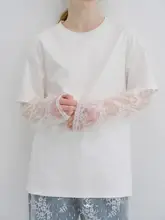 脱着可能なレース袖付きラウンドネックTシャツ【ツイル素材・両面シルク感】