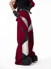 デザイン感あふれる配色デニムパンツ【春のストリートスタイル・ダークファッション・レッド・ワイドレッグ】