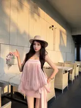 ピンクのバストカットトップス【フリル花びらデザイン・夏用】とひざ上スカート（セットアップ対応）