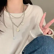 チタン製ダブルレイヤー小熊ペンダントネックレス【ヒップホップスタイル・女性用・ロックチェーンデザイン】