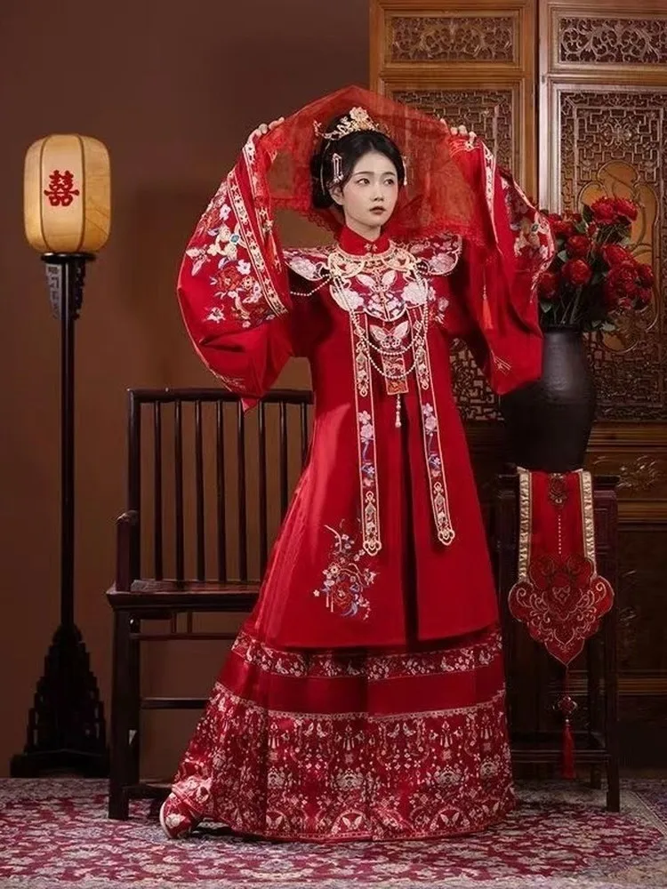 花嫁用 漢服【明制・刺繍・パール・赤色・結婚式】 （セットアップ対応）
