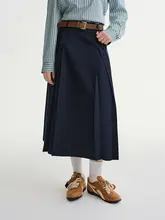 深いブルーの高腰プリーツスカート【通勤用・百褶・女性用・冬季対応】（セットアップ対応）