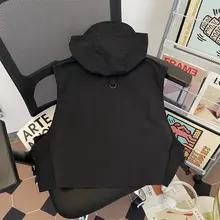 アウトドア用 メンズフード付き短丈ワークベスト【アメリカンミリタリー風・ノースリーブ・ワイドフィット】