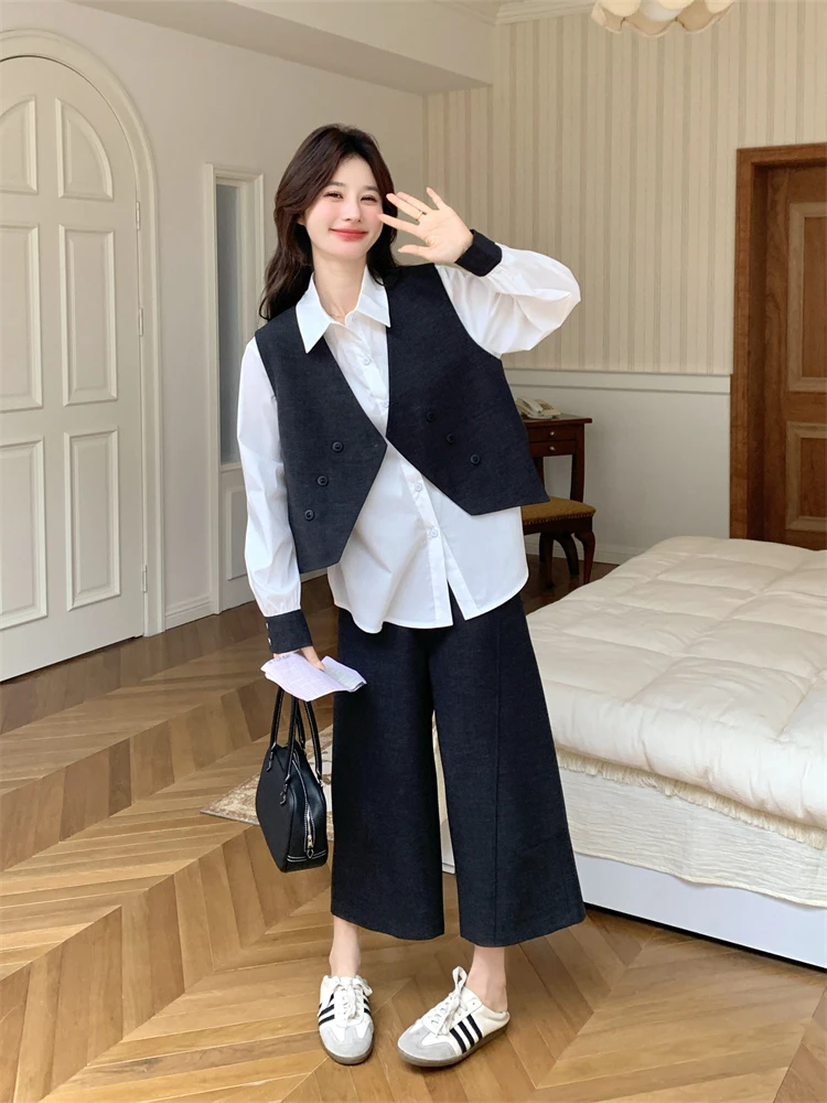 韓国風の学院スタイルベストとシャツ、ワイドパンツの春秋コーディ  ネート（セットアップ対応）