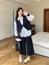 韓国風の学院スタイルベストとシャツ、ワイドパンツの春秋コーディネート（セットアップ対応）