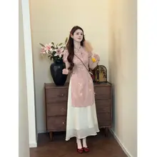 清涼感のある中式デザインのスカートとトップス【禅スタイル・夏用・改良型ワンピース・二枚組（セットアップ対応）】