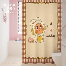 カートゥーンデザインの防水浴室カーテン【厚手・伸縮ロッド・穴あけ不要】（セットアップ対応）
