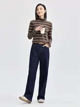 ストライプ柄ハイネック長袖Tシャツ【女性用・コットン・ベーシックデザイン】