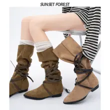 落日森林風 ストレートトゥブーツ【ロング丈・バックストラップ・太ヒール】