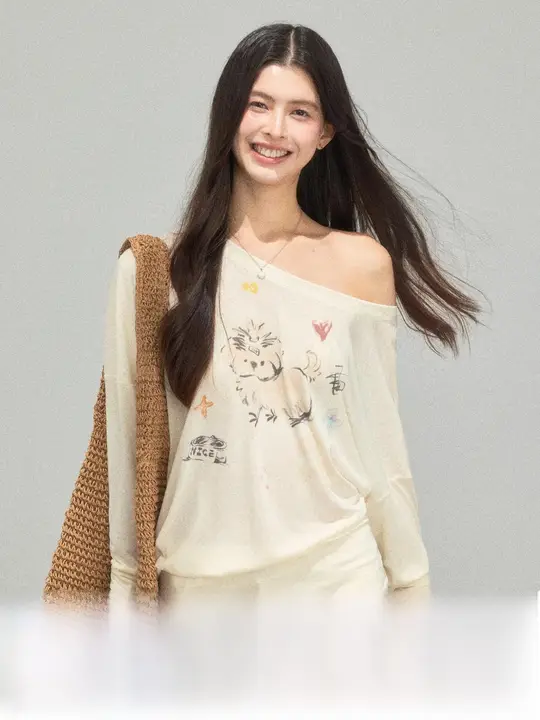 アメリカンレトロ オフショルダー薄手UVカット長袖Tシャツ【春用・ゆったりデザイン】