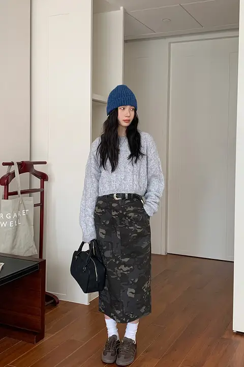 アメリカンビンテージ風 カモフラージュデザインのハイウエストスカート【ミディ丈・春夏用】（セットアップ対応）