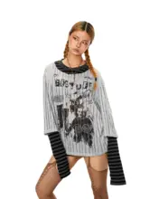 おしゃれなレイヤード風デザイン！透かし編みプリントラウンドネック長袖Tシャツ【アメリカンスタイル・ゆったりシルエット・日焼け対策】