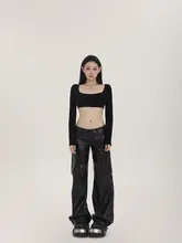 PEMPL レディース 春用 PUレザーカジュアルパンツ【ハイウエスト・ゆったりストレート・スリム効果】