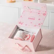 かわいい桜柄セラミックマグカップ【蓋付き・スプーン付き・オフィスや自宅用・ギフトボックス入り】