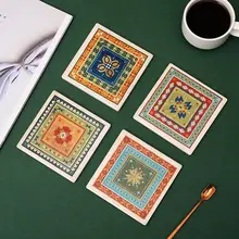 タイルデザインの陶器製コースター【花柄・熱遮断・テーブル保護用】