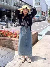 高腰デニムマキシスカート【洗い加工・ストレート・リボン付き・秋用】