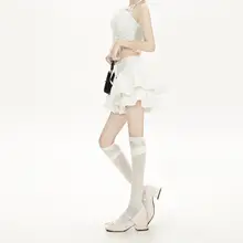 優雅なデザインの白色レースフリルケーキスカート【ハイウエスト・ボリューム感】