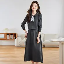 秋冬用ニットドレス【スカーフデザイン・小さな襟付き・セーターとスカートの2点コーディネート】（セットアップ対応）