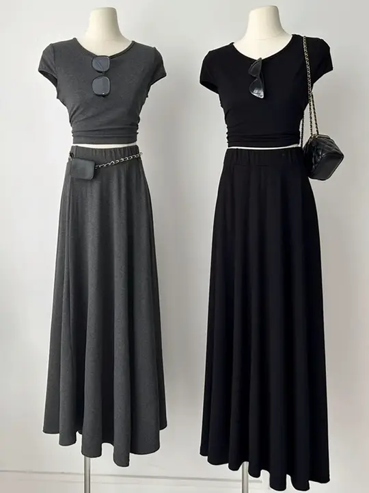 快適なAラインデザインのハイウエストモダールスカート【夏用・ロング丈・Tシャツ付き】（セットアップ対応）