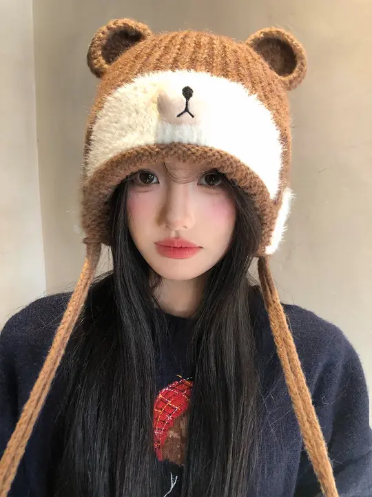 かわいいクマ耳付きニット帽【秋冬用・保温・耳当て付き】