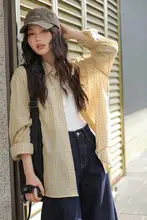黄色チェック長袖シャツ【秋冬用・ゆったりデザイン・カジュアル】