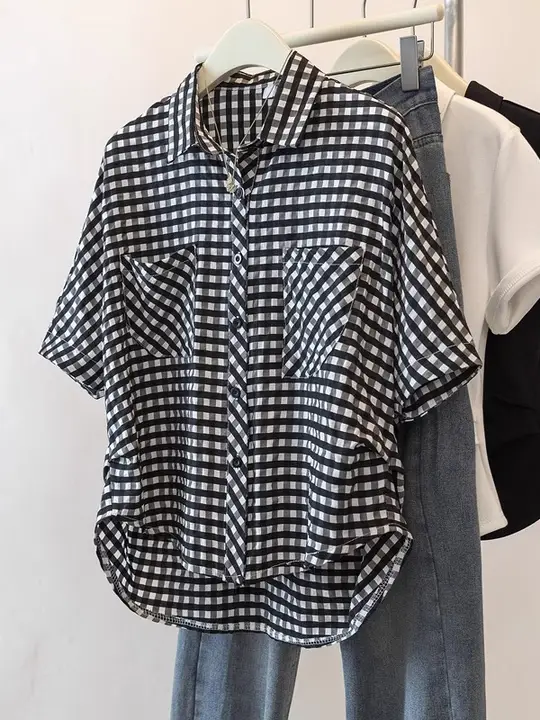 レディース 大きいサイズ ルーズフィット ビンテージ風 チェック柄 半袖シャツ【夏用・体型カバー・快適な着心地】