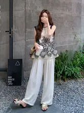 レース切り替え刺繍トップスとワイドパンツ【夏用・女性向け・ファッション】（セットアップ対応）