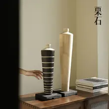 栗石風の高脚花瓶【炭化木製・アンティーク風・禅のデザイン】