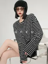 円形フリースのゆったりとした韓国風長袖Tシャツ【春秋用・ストライプデザイン・重ね着対応】