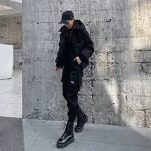 レディース 高ウエスト カーゴパンツ【黒・スリムフィット・秋冬用・ハイウエスト・リブ付き】